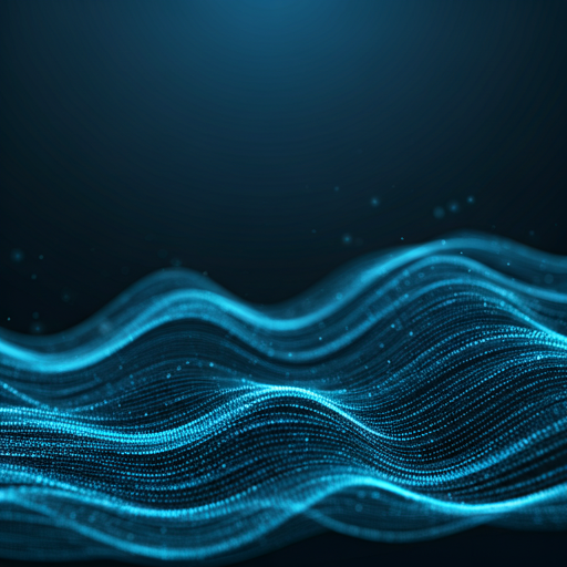 Abstract blue flowing waves with digital particles representing data transfer and high-end technology connectivity